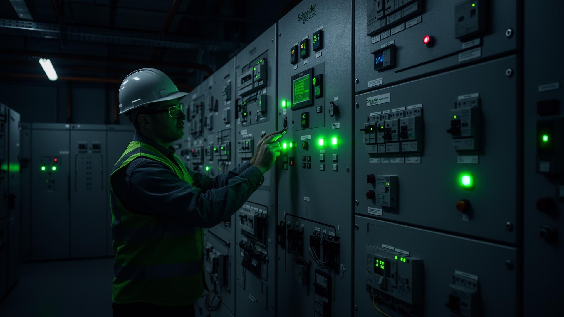 Engineer inspecting Schneider Electric industrial control panels